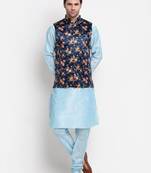 Men Sky Blue Kurta with Churidar & Blue Satin Printed Nehru Jacket
