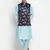 Men Sky Blue Kurta with Churidar & Blue Satin Printed Nehru Jacket