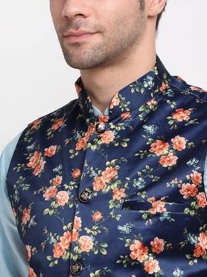 Men Sky Blue Kurta with Churidar & Blue Satin Printed Nehru Jacket 2