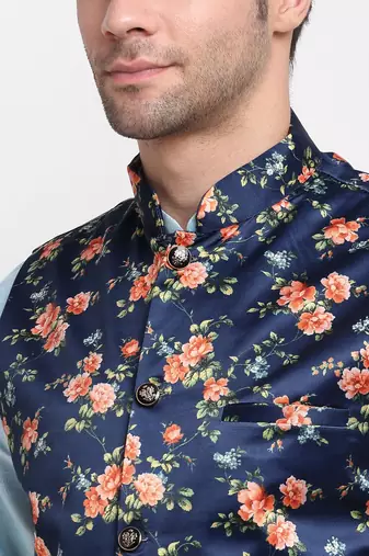 Men Sky Blue Kurta with Churidar & Blue Satin Printed Nehru Jacket
