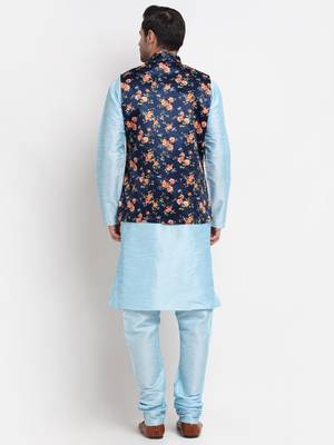 Men Sky Blue Kurta with Churidar & Blue Satin Printed Nehru Jacket 3
