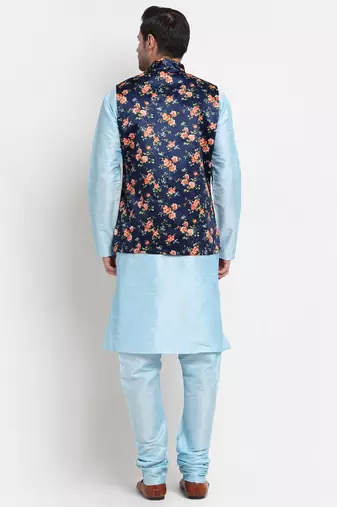 Men Sky Blue Kurta with Churidar & Blue Satin Printed Nehru Jacket