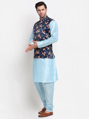 Men Sky Blue Kurta with Churidar & Blue Satin Printed Nehru Jacket 4