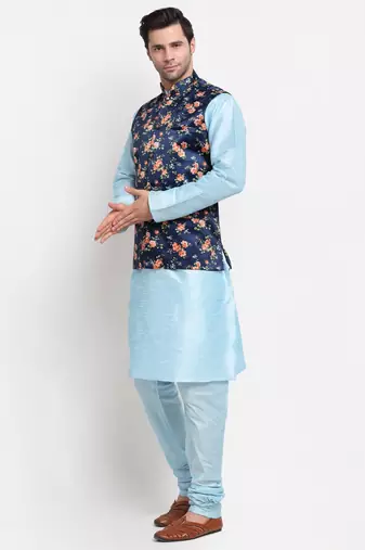 Men Sky Blue Kurta with Churidar & Blue Satin Printed Nehru Jacket