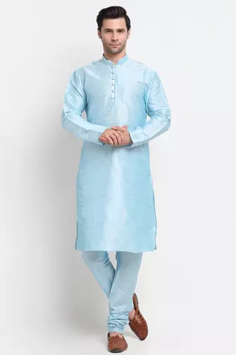 Men Sky Blue Kurta with Churidar & Blue Satin Printed Nehru Jacket