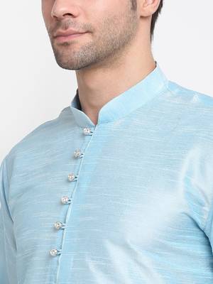 Men Sky Blue Kurta with Churidar & Blue Satin Printed Nehru Jacket 6