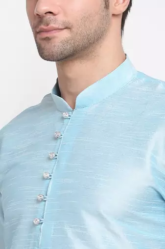 Men Sky Blue Kurta with Churidar & Blue Satin Printed Nehru Jacket