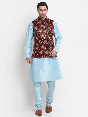 Men Sky Blue Kurta with Churidar & Maroon Satin Printed Nehru Jacket 1