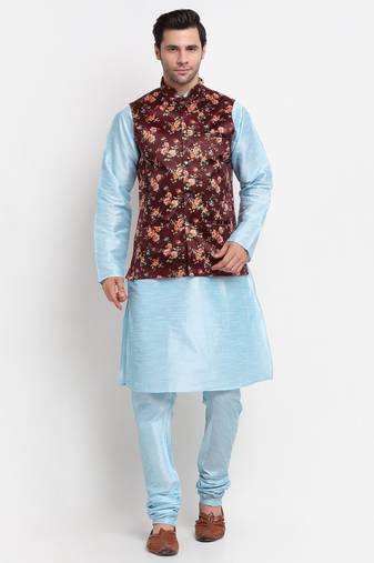 Men Sky Blue Kurta with Churidar & Maroon Satin Printed Nehru Jacket