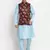 Men Sky Blue Kurta with Churidar & Maroon Satin Printed Nehru Jacket