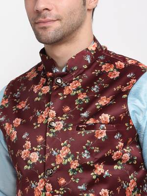 Men Sky Blue Kurta with Churidar & Maroon Satin Printed Nehru Jacket 2
