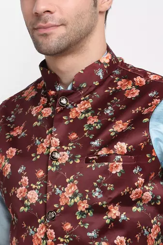 Men Sky Blue Kurta with Churidar & Maroon Satin Printed Nehru Jacket