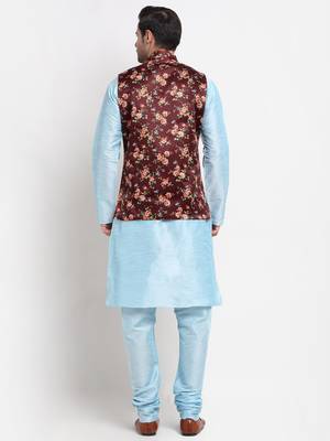 Men Sky Blue Kurta with Churidar & Maroon Satin Printed Nehru Jacket 3
