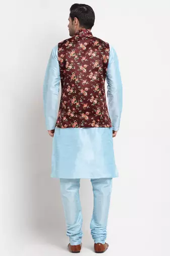 Men Sky Blue Kurta with Churidar & Maroon Satin Printed Nehru Jacket