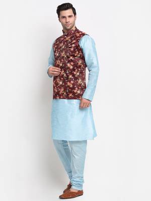 Men Sky Blue Kurta with Churidar & Maroon Satin Printed Nehru Jacket 4