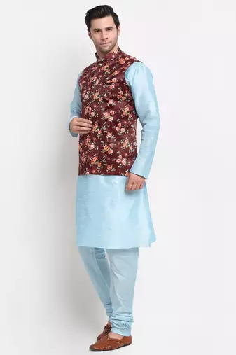 Men Sky Blue Kurta with Churidar & Maroon Satin Printed Nehru Jacket