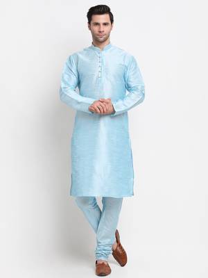 Men Sky Blue Kurta with Churidar & Maroon Satin Printed Nehru Jacket 5