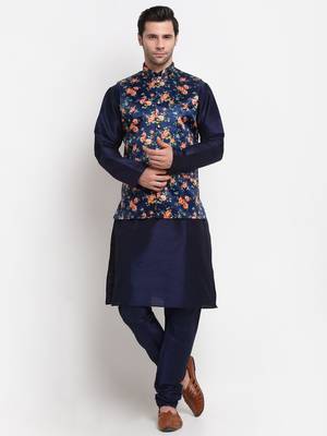 Men Navy Blue Kurta with Churidar & Navy Blue Satin Printed Nehru Jacket 1