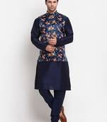 Men Navy Blue Kurta with Churidar & Navy Blue Satin Printed Nehru Jacket