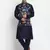 Men Navy Blue Kurta with Churidar & Navy Blue Satin Printed Nehru Jacket
