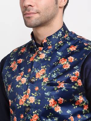 Men Navy Blue Kurta with Churidar & Navy Blue Satin Printed Nehru Jacket 2