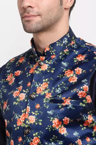 Men Navy Blue Kurta with Churidar & Navy Blue Satin Printed Nehru Jacket