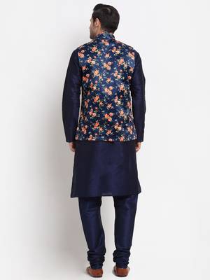 Men Navy Blue Kurta with Churidar & Navy Blue Satin Printed Nehru Jacket 3