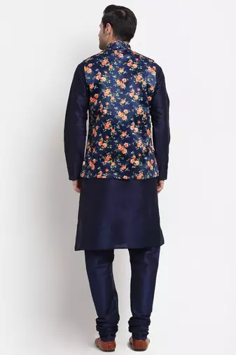 Men Navy Blue Kurta with Churidar & Navy Blue Satin Printed Nehru Jacket