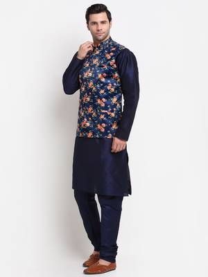 Men Navy Blue Kurta with Churidar & Navy Blue Satin Printed Nehru Jacket 4