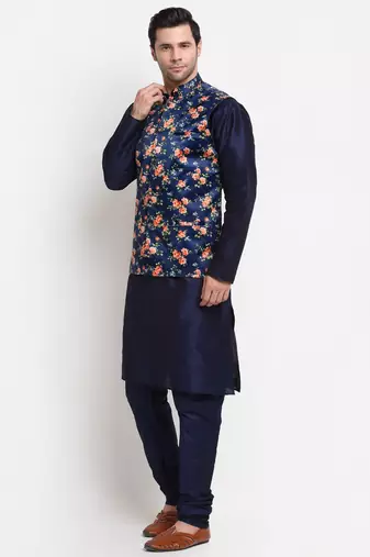 Men Navy Blue Kurta with Churidar & Navy Blue Satin Printed Nehru Jacket