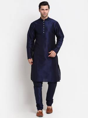 Men Navy Blue Kurta with Churidar & Navy Blue Satin Printed Nehru Jacket 5
