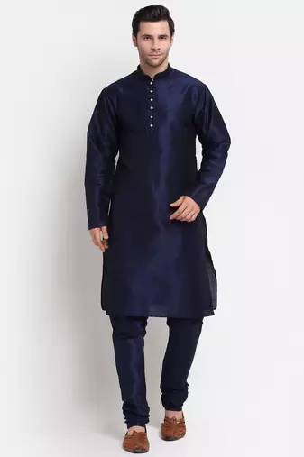 Men Navy Blue Kurta with Churidar & Navy Blue Satin Printed Nehru Jacket