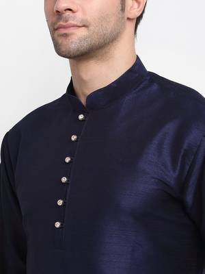 Men Navy Blue Kurta with Churidar & Navy Blue Satin Printed Nehru Jacket 6