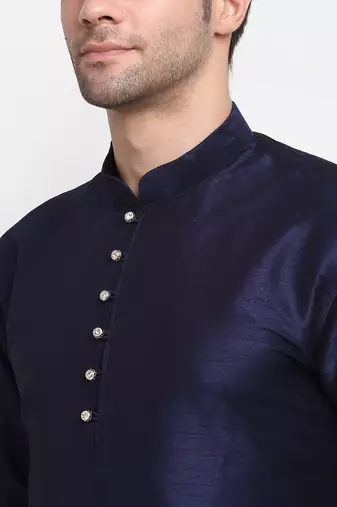 Men Navy Blue Kurta with Churidar & Navy Blue Satin Printed Nehru Jacket