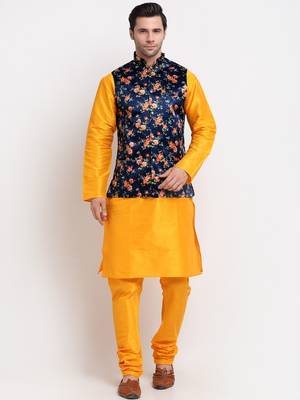 Men Mustard Kurta with Churidar & Blue Satin Printed Nehru Jacket 1