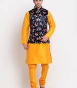 Men Mustard Kurta with Churidar & Blue Satin Printed Nehru Jacket