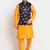 Men Mustard Kurta with Churidar & Blue Satin Printed Nehru Jacket