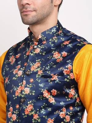 Men Mustard Kurta with Churidar & Blue Satin Printed Nehru Jacket 2