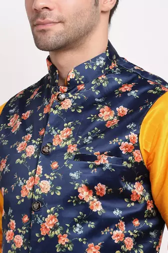 Men Mustard Kurta with Churidar & Blue Satin Printed Nehru Jacket