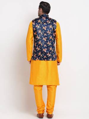 Men Mustard Kurta with Churidar & Blue Satin Printed Nehru Jacket 3