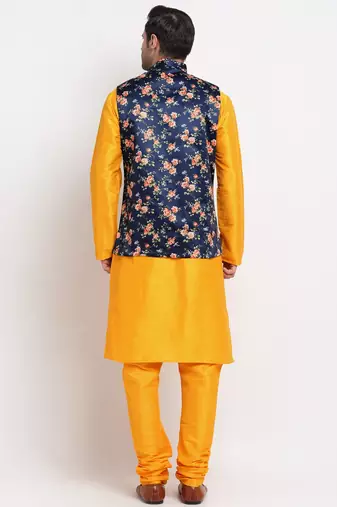 Men Mustard Kurta with Churidar & Blue Satin Printed Nehru Jacket