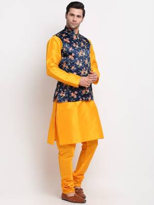 Men Mustard Kurta with Churidar & Blue Satin Printed Nehru Jacket 4
