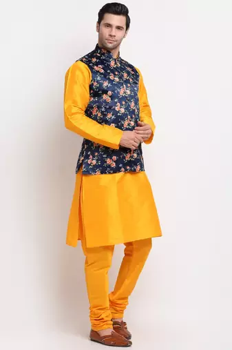 Men Mustard Kurta with Churidar & Blue Satin Printed Nehru Jacket