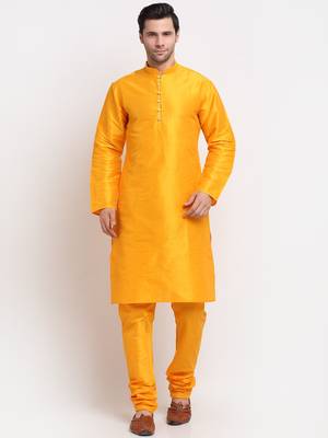 Men Mustard Kurta with Churidar & Blue Satin Printed Nehru Jacket 5