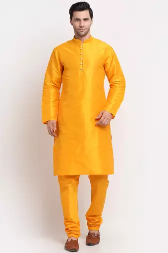 Men Mustard Kurta with Churidar & Blue Satin Printed Nehru Jacket