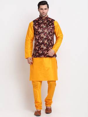 Men Mustard Kurta with Churidar & Maroon Satin Printed Nehru Jacket 1