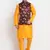 Men Mustard Kurta with Churidar & Maroon Satin Printed Nehru Jacket