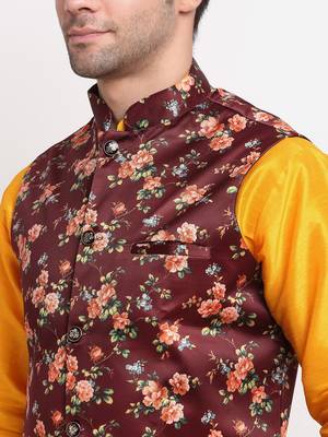 Men Mustard Kurta with Churidar & Maroon Satin Printed Nehru Jacket 2