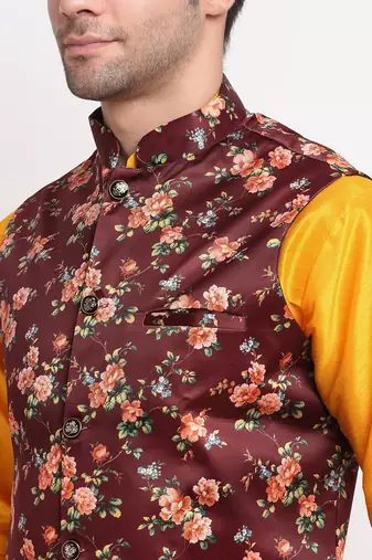 Men Mustard Kurta with Churidar & Maroon Satin Printed Nehru Jacket