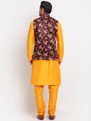 Men Mustard Kurta with Churidar & Maroon Satin Printed Nehru Jacket 3